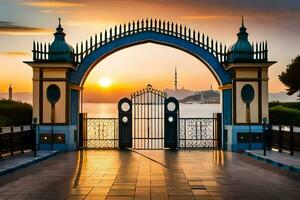 the sun sets behind an ornate gate in front of a body of water. AI-Generated photo