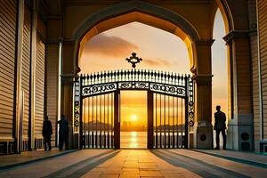 the sun sets behind an ornate gate in an open area. AI-Generated photo
