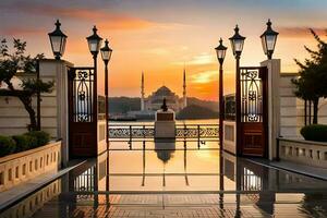 puesta de sol ver de el Estanbul horizonte con el azul mezquita en el antecedentes. generado por ai foto