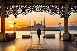 un hombre soportes en un puente mirando a el puesta de sol. generado por ai foto