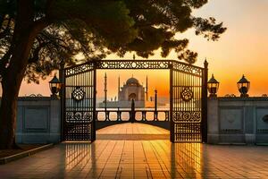 the gate to the taj mahal is open at sunset. AI-Generated photo