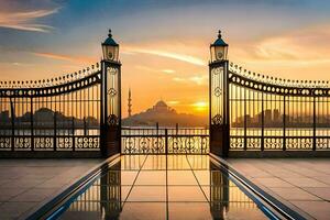 el portón a el puesta de sol. generado por ai foto