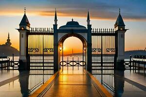 the gate to the mosque at sunset. AI-Generated photo