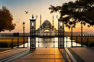 the sun rises over a mosque in the distance. AI-Generated photo