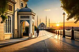 el Dom conjuntos terminado el azul mezquita en Estanbul. generado por ai foto