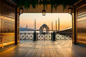 the view from an open door into a building with a mosque. AI-Generated photo