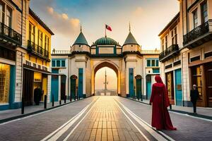 a woman in a red dress walks through an archway. AI-Generated photo