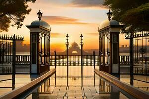 sunset over the water with a gate and a bridge. AI-Generated photo