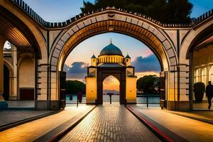 el Entrada a un mezquita a puesta de sol. generado por ai foto