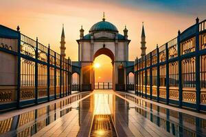 the sun sets behind a mosque in the middle of a city. AI-Generated photo