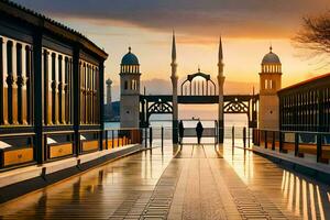 the sun is setting over a bridge with a mosque in the background. AI-Generated photo