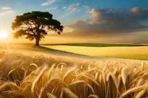 un campo con trigo y un árbol a puesta de sol. generado por ai foto