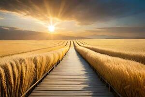 un de madera pasarela Guías a un campo de trigo. generado por ai foto