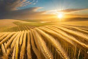 dorado trigo campo a puesta de sol. generado por ai foto