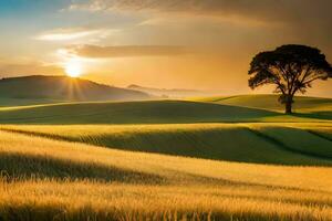 a tree stands in the middle of a field at sunset. AI-Generated photo