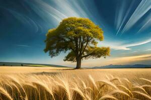 un árbol soportes en un campo con trigo. generado por ai foto