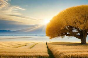 a lone tree stands in a field with a sun shining. AI-Generated photo