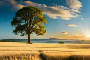 a lone tree stands in a field at sunset. AI-Generated photo