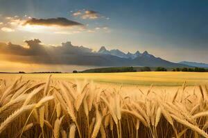 dorado trigo campo a puesta de sol con montañas en el antecedentes. generado por ai foto