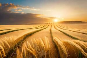 a field of wheat is shown at sunset. AI-Generated photo