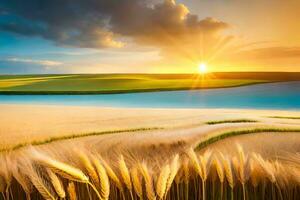 un campo de trigo es mostrado en el puesta de sol. generado por ai foto