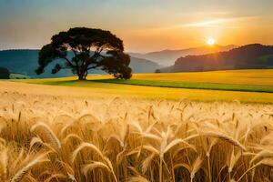 a field of wheat with a tree in the foreground at sunset. AI-Generated photo