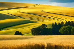 a field of wheat with trees and hills. AI-Generated photo