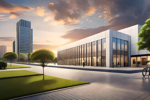 a rendering of a modern building with trees and grass. AI-Generated photo
