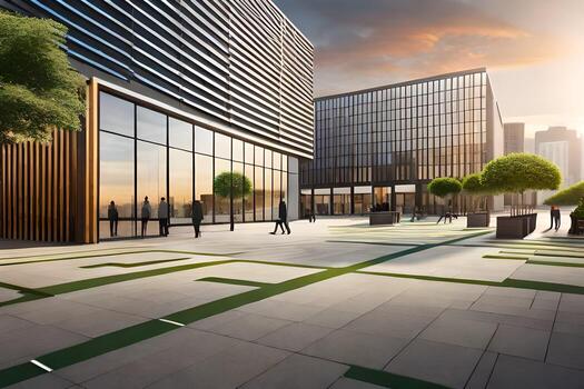 a rendering of a modern office building with trees and grass. AI-Generated photo