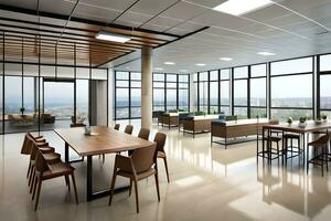 a modern office with large windows and wooden floors. AI-Generated photo