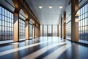 empty hallway with large windows and floor to ceiling windows. AI-Generated photo