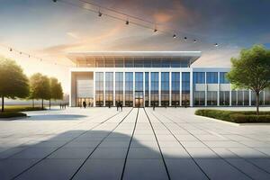 modern office building with glass facade and landscaping. AI-Generated photo