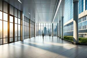 a large open space with windows and a man walking in it. AI-Generated photo