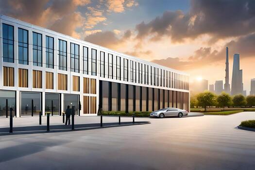 a rendering of a modern office building with a car parked in front. AI-Generated photo