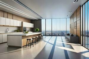 a modern kitchen with a view of the city. AI-Generated photo