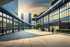 a modern building with a courtyard and a large glass wall. AI-Generated photo