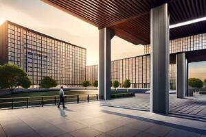 a rendering of a building with a large courtyard. AI-Generated photo