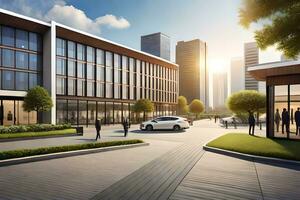 a rendering of a modern office building with people walking around. AI-Generated photo