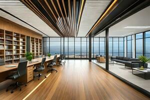 modern office with wooden floors and large windows. AI-Generated photo
