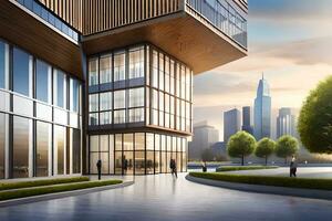 a rendering of a modern office building with trees and people walking around. AI-Generated photo