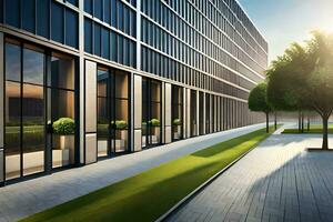 modern office building with trees and grass in front of it. AI-Generated photo
