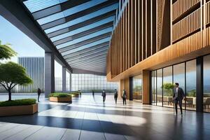 the lobby of a building with large windows. AI-Generated photo