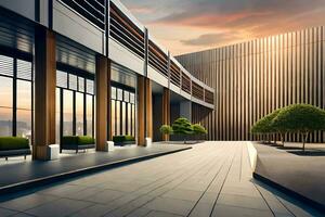 modern architecture with trees and benches in the courtyard. AI-Generated photo