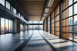 empty office building with large windows and city skyline. AI-Generated photo