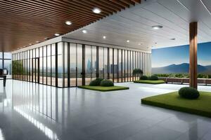 modern lobby with grass and trees. AI-Generated photo