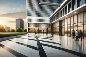 people walking in front of a building with a large glass wall. AI-Generated photo