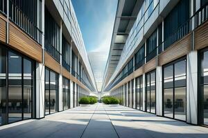 a long walkway between two buildings with glass windows. AI-Generated photo