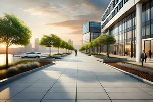 a rendering of a city street with trees and cars. AI-Generated photo
