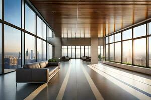 modern office lobby with large windows and a view of the city. AI-Generated photo