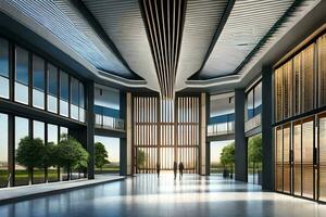 the lobby of a modern office building with large windows. AI-Generated photo
